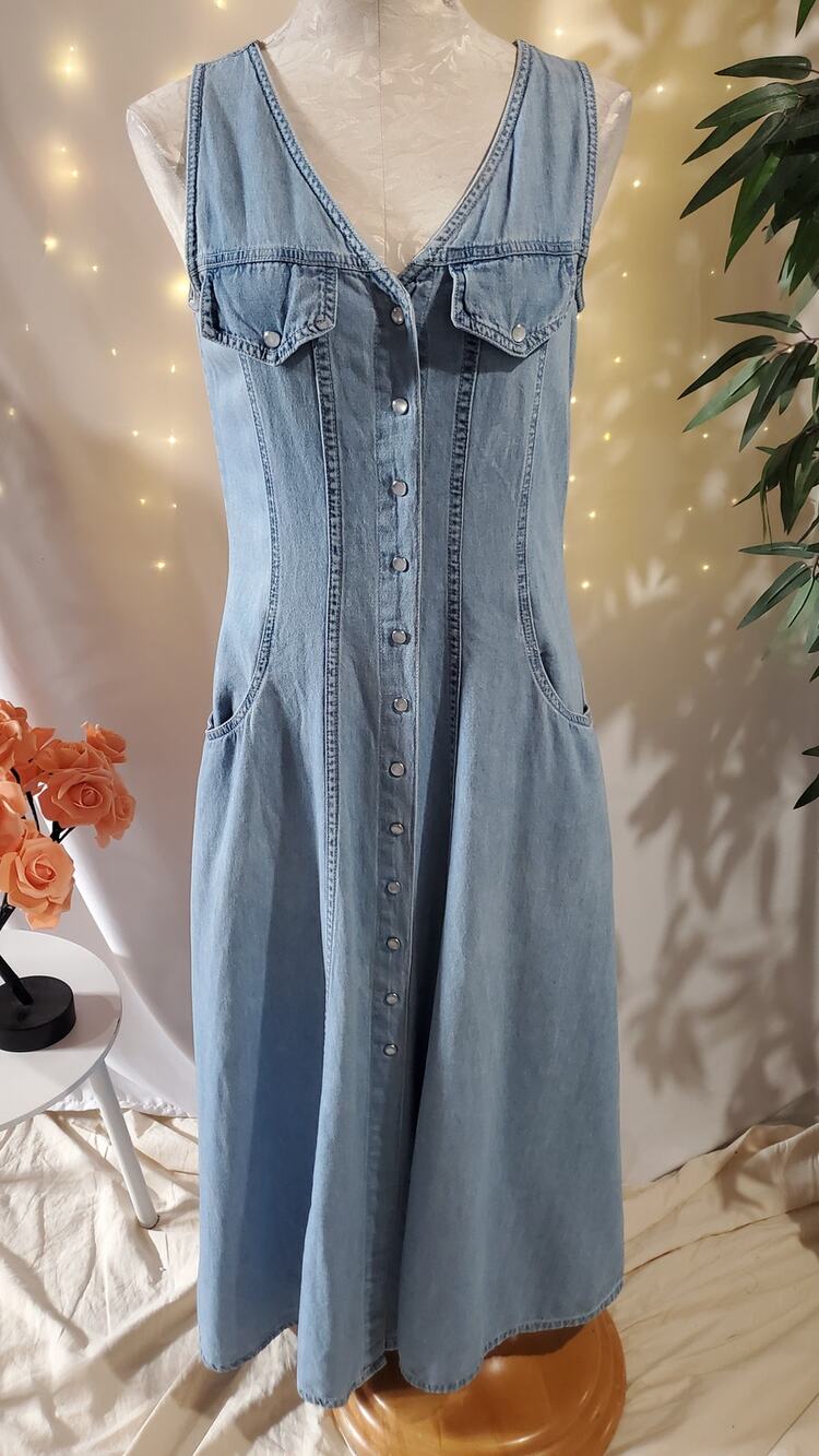 Denim Republic Vtg 90s V-Neck Pearl Snap Jean Maxi Dress Sz M Pockets Sleeveless